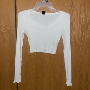 White Ribbed Cropped Long Sleeve
